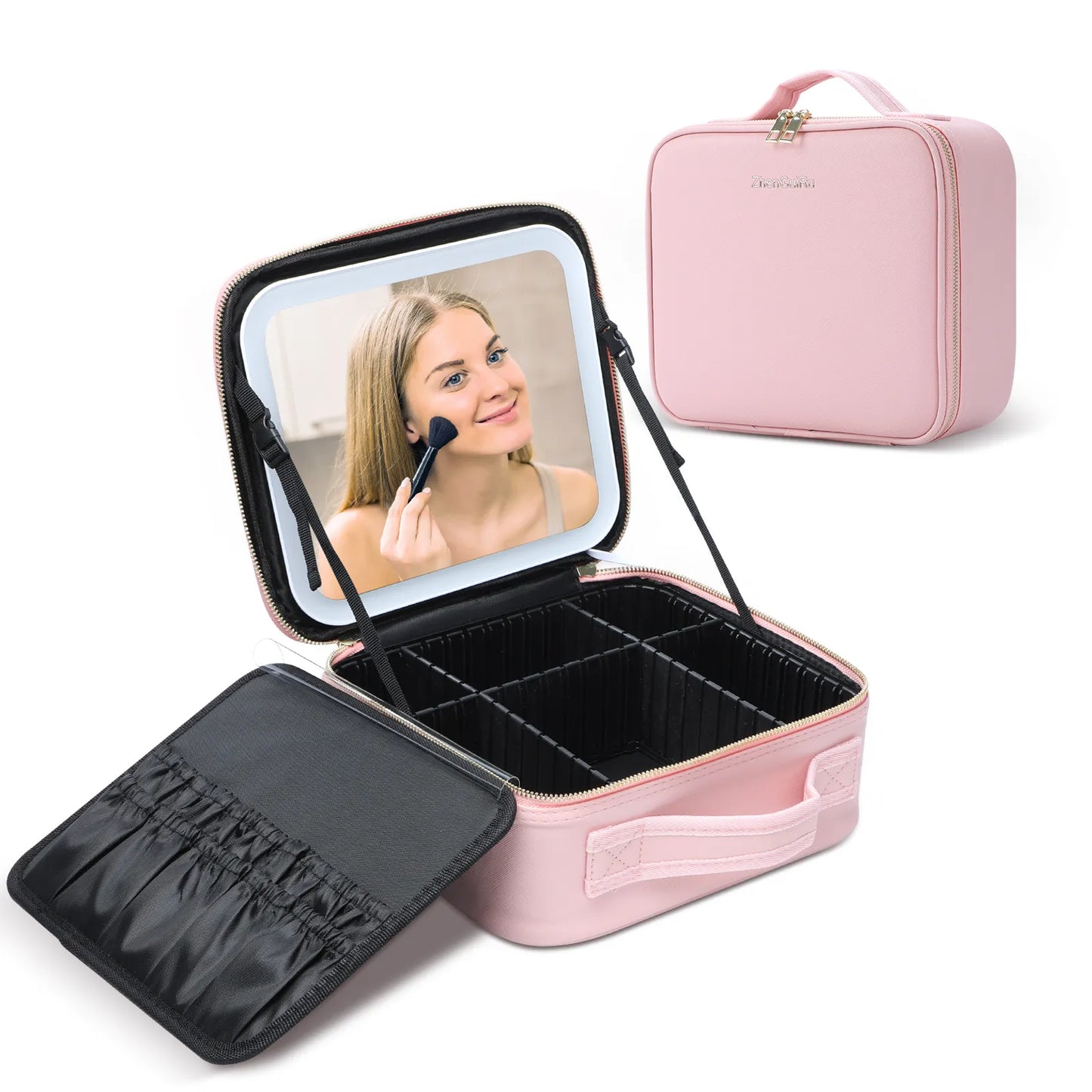 LuxeLumina™ Travel Makeup Bag with Mirror and Detachable 10x Magnifying Mirror - arlyntina