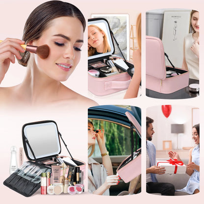 LuxeLumina™ Travel Makeup Bag with Mirror and Detachable 10x Magnifying Mirror - arlyntina